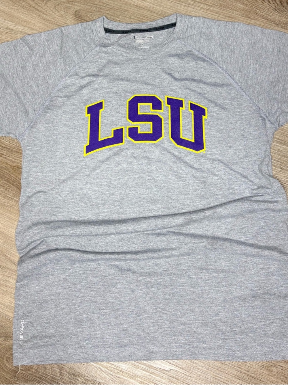 Champion Gray LSU Short Sleeve Tee with Purple and Yellow Logo